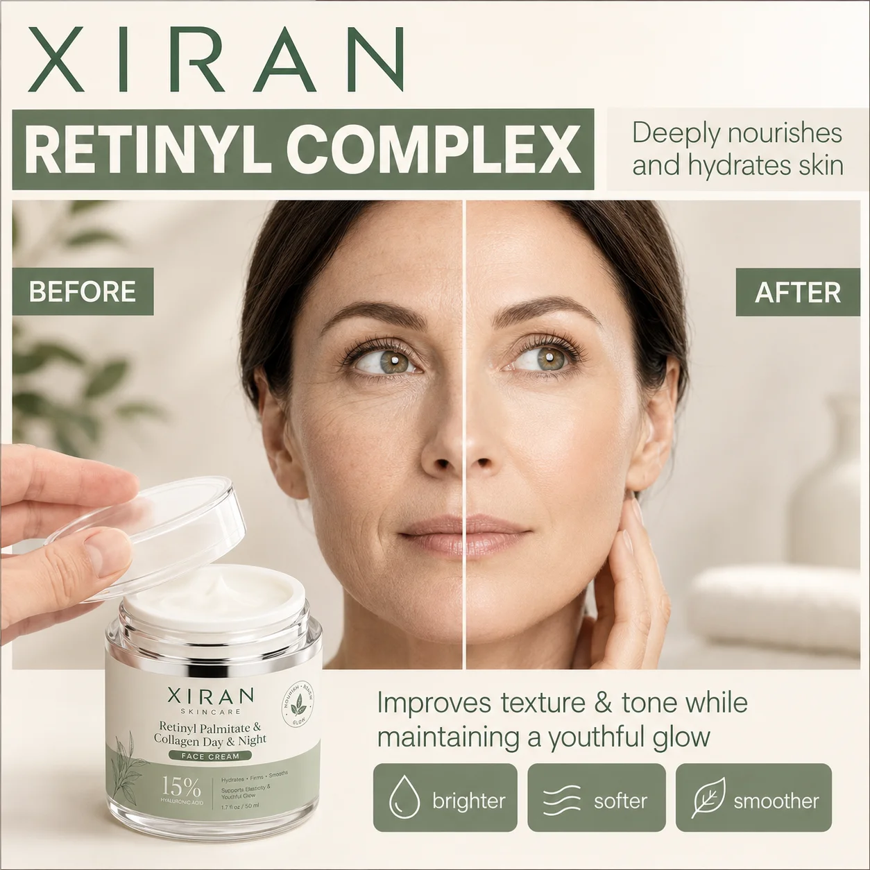 XIRAN Retinyl Complex ad with side-by-side before and after results, featuring a woman showcasing improved skin and glowing texture.